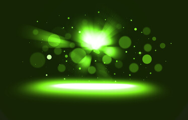 Green glitter lights show on stage with bokeh elegant lens flare abstract background. Dust sparks background. - 605353726