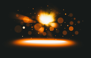 Gold glitter lights show on stage with bokeh elegant lens flare abstract background. Dust sparks background. - 605353797