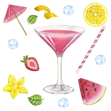 Cocktail glass fresh juice pink or alcoholic Cosmopolitan. Watermelon, strawberry, lemon, ice. Hand drawn watercolor illustration isolated on white background. For bar restaurant menu