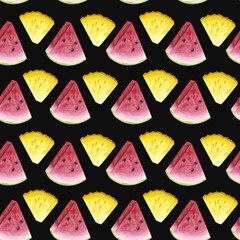 Watermelon pineapple. Seamless endless pattern. Pink red yellow slice fresh. Hand drawn watercolor illustration on black background. For textiles, packaging, fabric