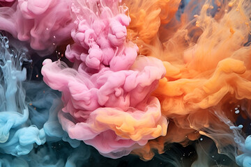 Obraz premium Abstract creative template. Acrylic ink in water with smoke. Pastel pink orange blue aqua violet swirling fog abstract background vibrant colours wallpaper mix.