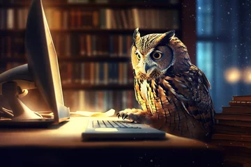 Afwasbaar Fotobehang Uiltjes Image of an owl working on a laptop in the library at night. Anthropomorphic concept.
