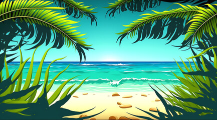 Summer background with sea or ocean beach, palm tree leaves and free space for text, generative ai