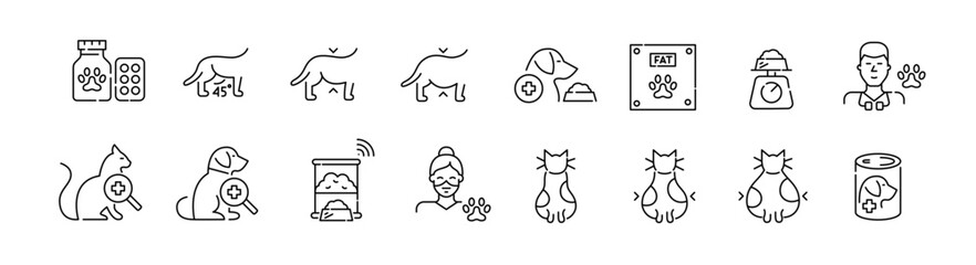 Pet obesity criteria. Veterinary healthcare, special weight loss food. Pixel perfect, editable stroke icons set