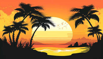 Fototapeta na wymiar Summer holiday background with palm trees silhouettes on sunset tropical beach, generative ai