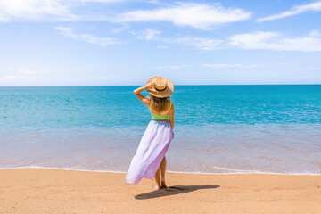 Fototapeta na wymiar Attractive woman in straw hat and waving skirt standing on sandy beach, enjoy turquoise ocean and sunny skies on tropical vacation, exotic location. Back view.