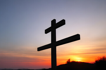 Cross in the rays of sunset, Christianity. Generative AI