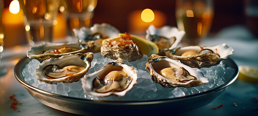 Fototapeta na wymiar Oysters, served in a luxurious restaurant. 
