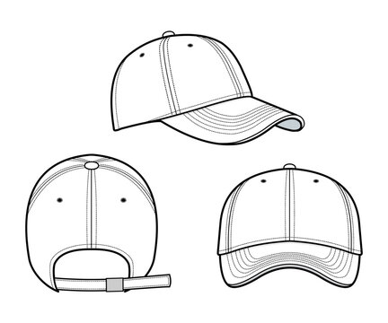 Cap vector illustration. Baseball Cap fashion flat technical drawing template. isolated on white. front, side, and back view. unisex, CAD mock-up.	