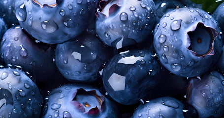 Close up texture concept with berry. Blueberries with water drops. Summer food with vitamin wallpaper