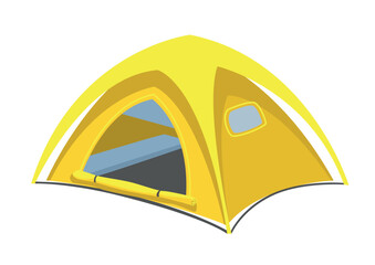 Yellow camping tent with an open entrance isolated on a white background. Leisure and travel items. Vector illustration.