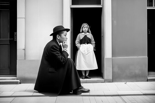 Black and white portrait of a young man and woman on the street.