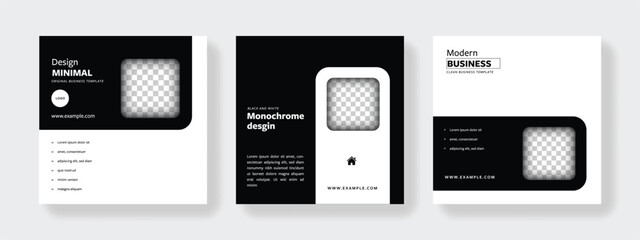 Monochrome social media post layouts, minimal contrast design, place for photos, rounded corners, editable template for modern banner promotion, business, advertisement, square gradient, shadow effect