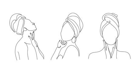 Woman Body With Towel On Head Line Art. Abstract Minimalist Female Spa Bath Cosmetics Logo