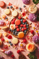 A sunny wallpaper or background made of summer fruits, flowers and sweets. Creative concept for seasonal advertisement or advertisement. Illustration. Generative AI
