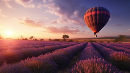 Hot air balloon landing on field with lavender flowers