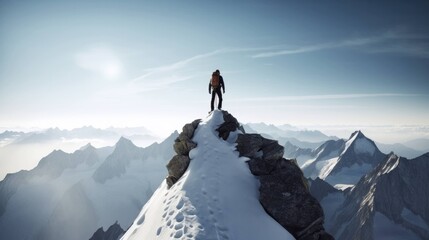 Man standing at the top of a mountain peak - obrazy, fototapety, plakaty
