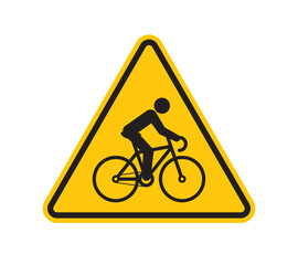 Vector yellow triangle sign - black silhouette biker on cycle. Isolated on white background.