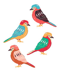 Set of birds in modern trendy design. Colored animals. Vector stock illustration. isolated. hand drawn. Doodle
