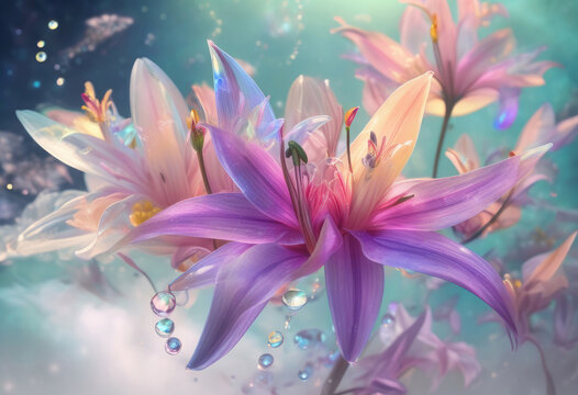 Beautiful lily flowers with water drops on the background of the sky