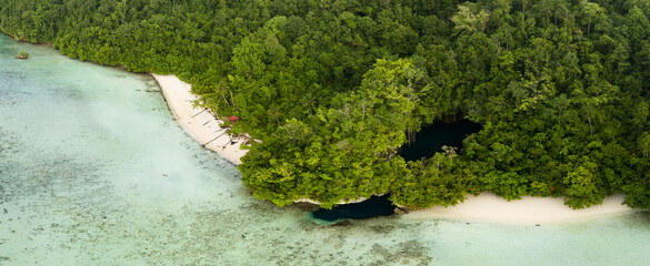 The mouth of a dark, water-filled cave opens on the edge of a forest-covered limestone island near Fak Fak, Indonesia. Limestone often harbors caves and caverns due to the rock being easily eroded.