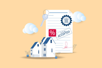 Mortgage contract concept. Signed Mortgage Rate Document agreement with bank stamp and house keys.vector illustration.