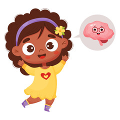 Cute happy black ethnic girl and brain internal organ. Funny characters in cartoon style. Vector illustration for kids collection, decor, medical anatomical theme design.