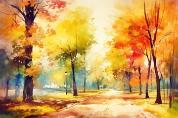Fotobehang Autumn landscape in watercolor style © Waratchada