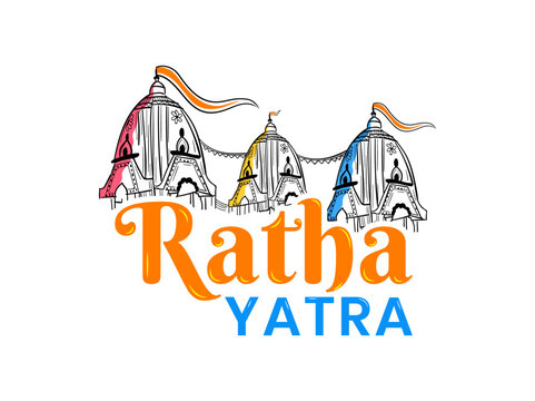 Abstract vector hand drawn illustration of Indian festival Ratha Yatra with colorful typography.