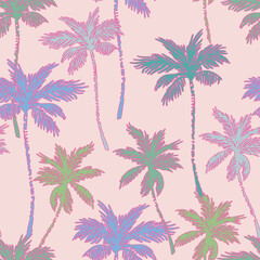 Fototapeta na wymiar Colorful vivid palm tree silhouettes, outlines seamless pattern.