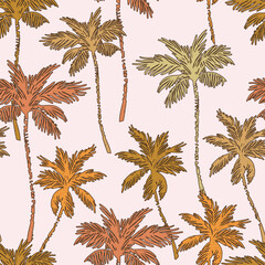 Colorful palm tree silhouettes, outlines seamless pattern.