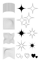 Geometric wireframe grids and shapes in dark color on a transparent background.Abstract patterns. Y2k. 