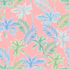 Colorful vivid palm tree, leaf silhouettes, outlines seamless pattern.
