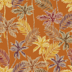 Fototapeta na wymiar Colorful vivid palm tree, leaf silhouettes, outlines seamless pattern.