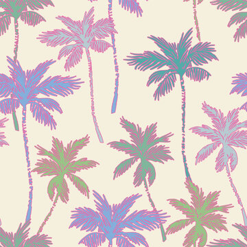 Colorful vivid palm tree silhouettes, outlines seamless pattern.