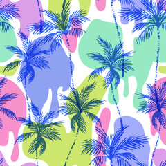 Obraz premium Abstract coconut trees on comic dripping blots background in pop art, graffiti style.