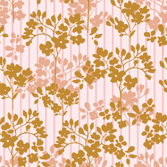 Cute flowers on striped background. Beautiful floral seamless pattern. - 605358786