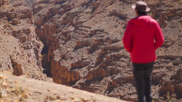 Defocused Indian male tourist walking in front of the Canyon between two mountains near Hikkim Village at Spiti Valley in Himachal Pradesh, India. Man wearing red jacket and hat stares at the valley.