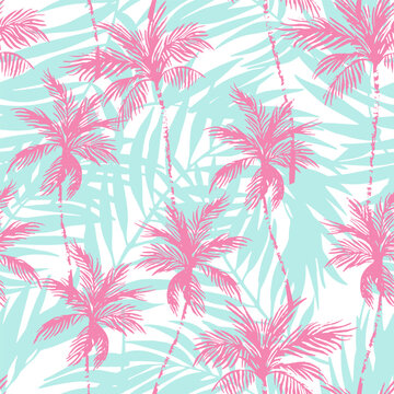 Fototapeta Abstract pink coconut trees on palm leaves background