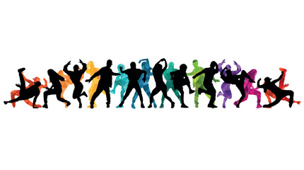 Disco, party, dancing, lots of dancing people. Colorful vector illustration of silhouettes of guys and girls.