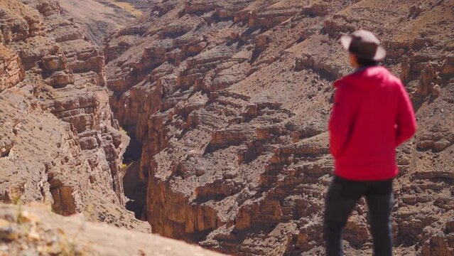Defocused Indian male tourist staring at the Canyon between two mountains near Hikkim Village at Spiti Valley in Himachal Pradesh, India. Man wearing red jacket and hat stares at the beautiful valley.