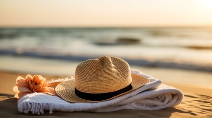 Hat and towel on the beach, generative AI