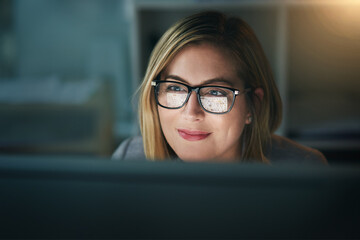 Businesswoman, glasses and working late on a computer or or overtime for a project deadline or...