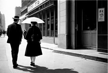 Couple walking in the street with umbrella in black and white.