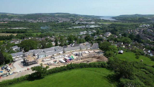 Newton Abbot, South Devon, England: DRONE AERIAL VIEWS: A construction site for new build houses on green belt land in the TQ12 postcode area (Clip 5)