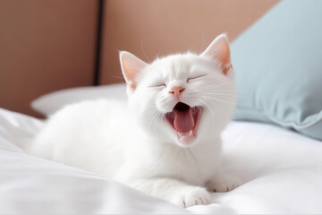 Fototapeta na wymiar A cute little fluffy white baby kitten yawning with her mouth wide open. Sleepy yawning long-haired kitten on white surface in bedroom. Generative AI professional photo imitation.