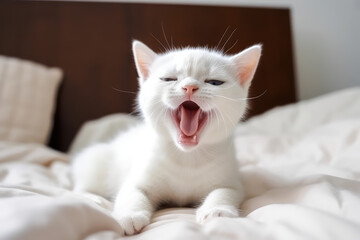 Naklejka na ściany i meble A cute little fluffy white baby kitten yawning with her mouth wide open. Sleepy yawning kitten on white bed in bedroom. Generative AI professional photo imitation.