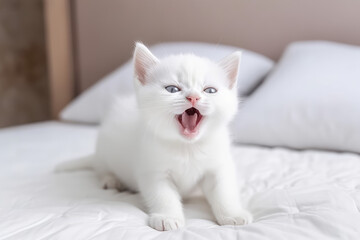 Naklejka na ściany i meble A cute little fluffy white baby kitten yawning with open mouth. Sleepy yawning long-haired kitten on white bed in bedroom. Generative AI professional photo imitation.