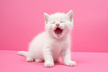 A cute little fluffy white baby kitten yawning with her mouth wide open. Sleepy yawning kitten on flat pink background with copy space. Generative AI professional photo imitation.