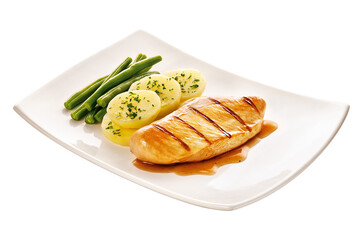 Prato com peito de frango grelhado, batatas cozidas com ervas e vagem refogada isolado em fundo transparente - Frango com legumes ao vapor